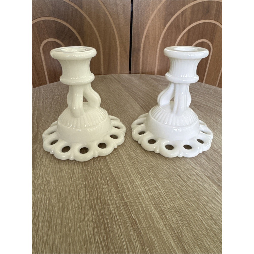 Westmoreland Milk Glass Candlesticks Pair White Lace Edge Vintage Set Of 2